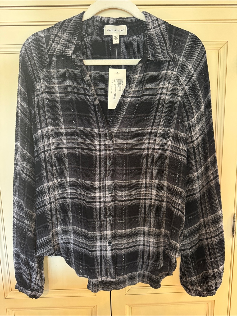 NWT Evereve Cloth & Stone Women's Luxe Plaid Button Down Top Sz S Metallic